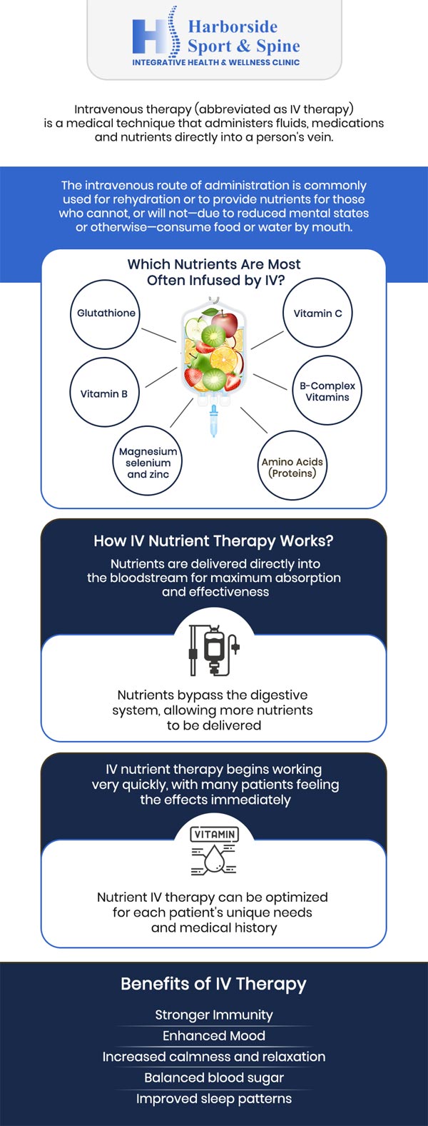 IV vitamin therapy is a method of delivering large doses of vitamins and minerals directly into the circulation. It provides patients with a safe and efficient approach to meeting their nutritional requirements. At Harborside Sport & Spine, Dr. David Sylvester DC offers a customized IV vitamin therapy plan specific to your individual needs to treat a variety of health & wellness issues. For more information, contact us or book an appointment online. We are conveniently located at 75 Montgomery Street, Suite 603 Jersey City, NJ 07302.