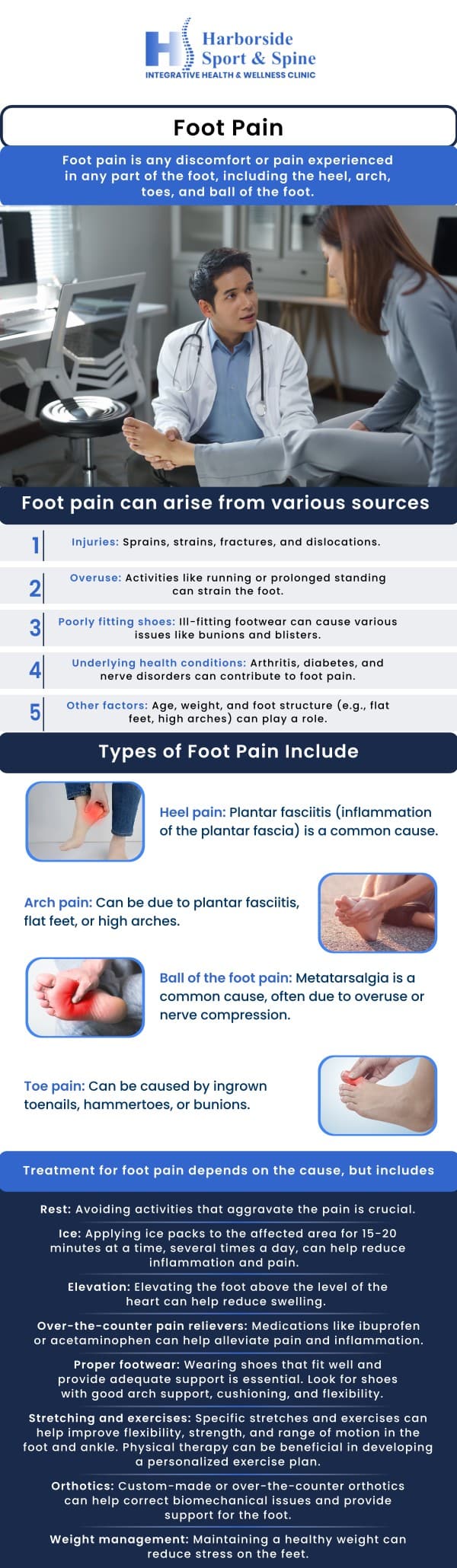 Foot pain treatment depends on the underlying cause and severity of the condition. Whether it's due to injury or chronic conditions like arthritis or plantar fasciitis, effective treatment can help alleviate discomfort and improve mobility. A comprehensive approach may include rest, physical therapy, orthotics, and medications, while more advanced cases might require surgical intervention. Identifying the root cause early ensures the best outcomes for long-term foot health. Come meet our team at Harborside Sport & Spine. We can help you heal better. For more information, contact us or schedule an appointment online. We are conveniently located at 75 Montgomery Street, Suite 603 Jersey City, NJ 07302. Foot pain treatment depends on the underlying cause and severity of the condition. Whether it's due to injury or chronic conditions like arthritis or plantar fasciitis, effective treatment can help alleviate discomfort and improve mobility. A comprehensive approach may include rest, physical therapy, orthotics, and medications, while more advanced cases might require surgical intervention. Identifying the root cause early ensures the best outcomes for long-term foot health. Come meet our team at Harborside Sport & Spine. We can help you heal better. For more information, contact us or schedule an appointment online. We are conveniently located at 75 Montgomery Street, Suite 603 Jersey City, NJ 07302.