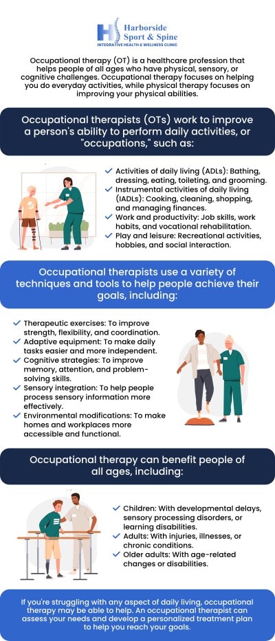 At Harborside Sport & Spine, our board-certified female occupational therapist, Taylor Selbst OTR/L, works closely to provide comprehensive care tailored to your needs. Whether you're recovering from an injury or managing a chronic condition, our therapy sessions are designed to improve mobility, strength, and overall function. Contact us now for more information or book an appointment online. We are conveniently located at 75 Montgomery Street, Suite 603 Jersey City, NJ 07302. At Harborside Sport & Spine, our board-certified female occupational therapist, Taylor Selbst OTR/L, works closely to provide comprehensive care tailored to your needs. Whether you're recovering from an injury or managing a chronic condition, our therapy sessions are designed to improve mobility, strength, and overall function. Contact us now for more information or book an appointment online. We are conveniently located at 75 Montgomery Street, Suite 603 Jersey City, NJ 07302.