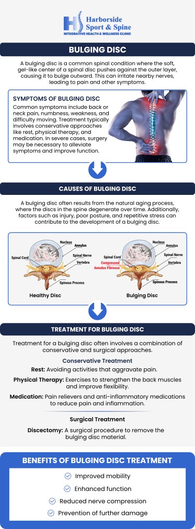 A bulging disc in your back can cause chronic pain, stiffness, and radiating nerve discomfort that severely limits your daily activities. At Harborside Sport & Spine, our board-certified chiropractor, Dr. David Sylvester, DC, specializes in highly effective, non-surgical treatments for bulging discs. By utilizing advanced spinal decompression therapy, targeted chiropractic adjustments, and personalized physical rehabilitation, we gently relieve pressure on the affected spinal disc and significantly reduce surrounding inflammation. For more information, contact us or book an appointment online. We are conveniently located at 75 Montgomery Street, Suite 603 Jersey City, NJ 07302.